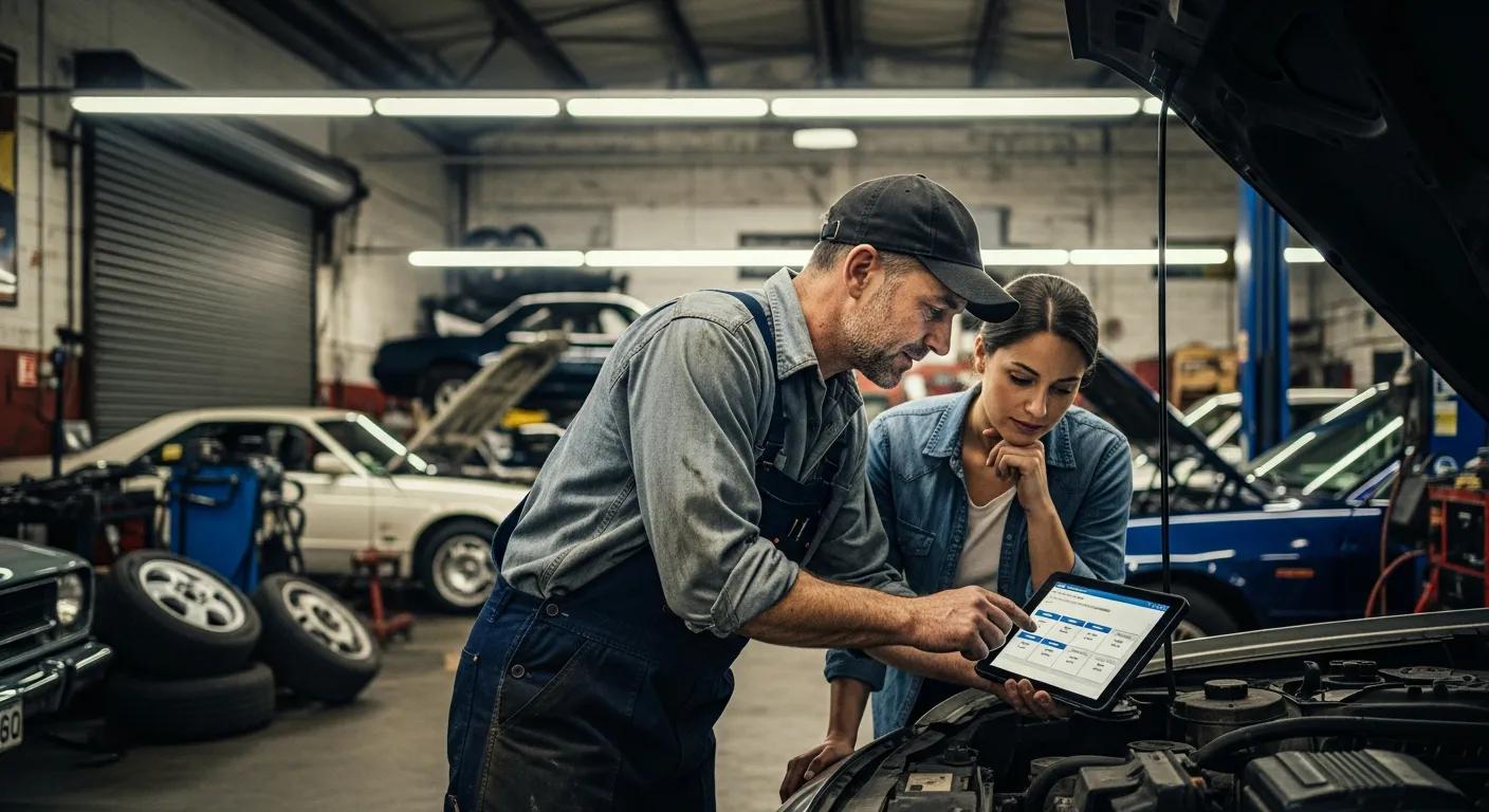 Mechanic explaining cost differences to a customer at an independent auto shop